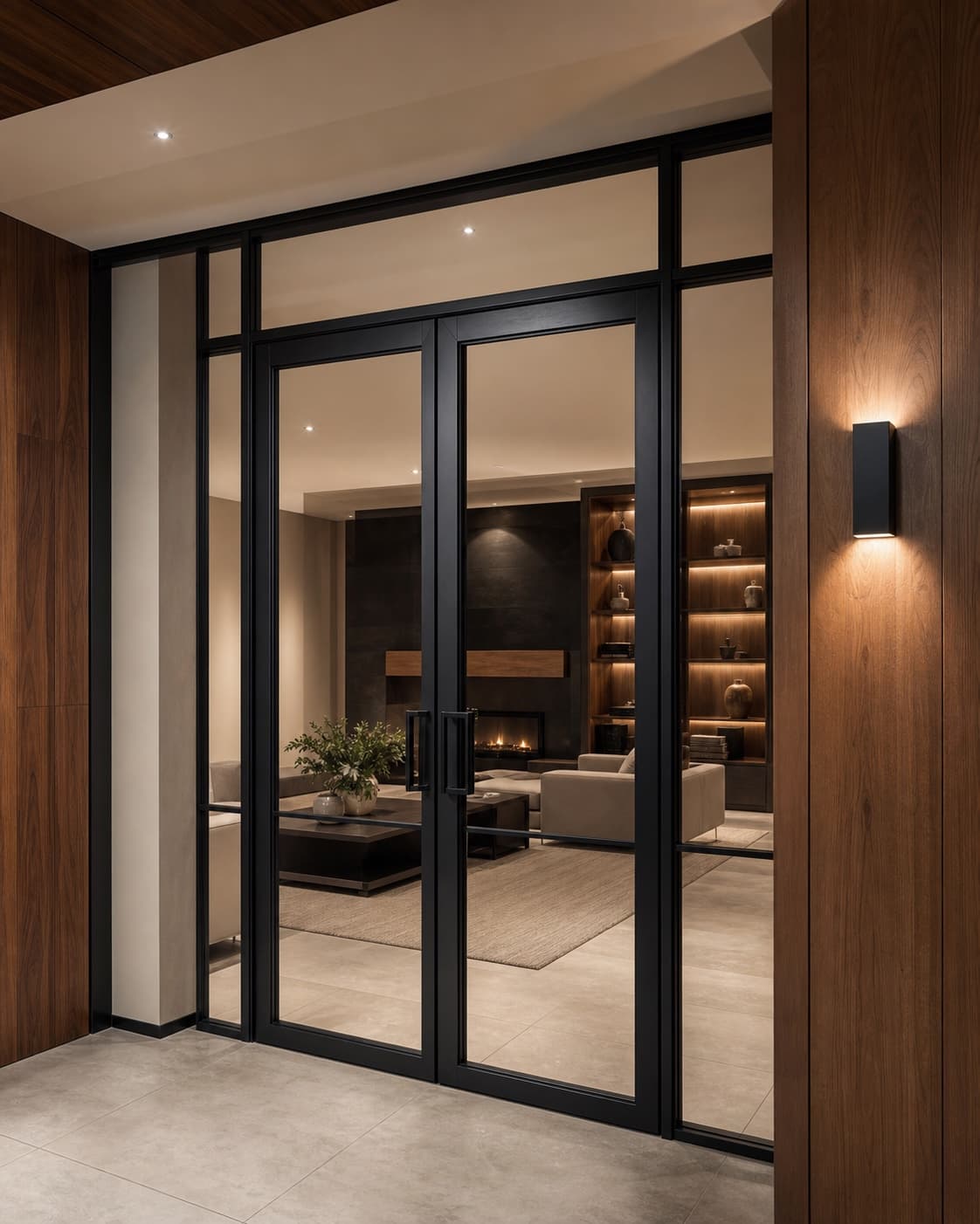 Custom black steel and glass doors in a high-end residential interior.