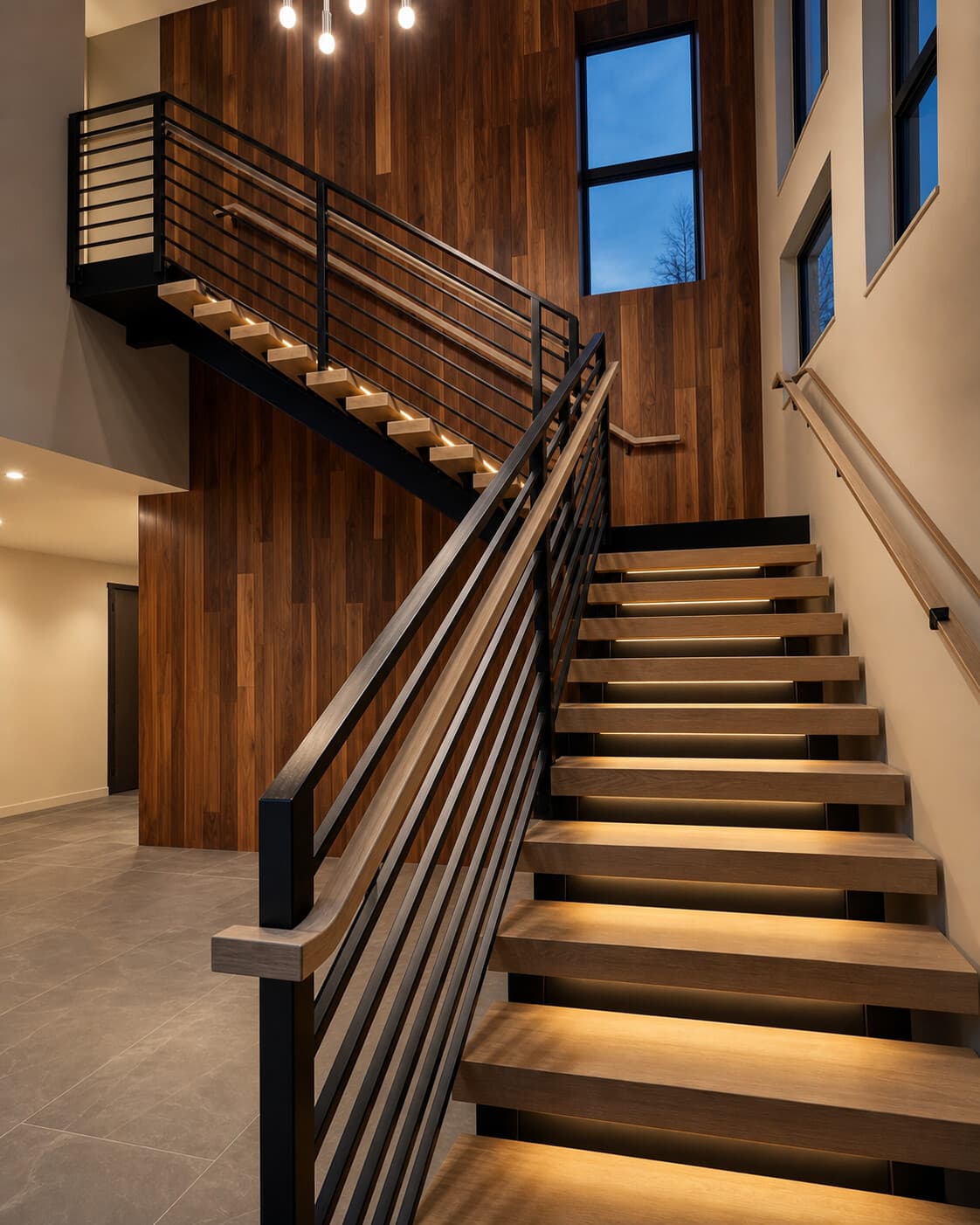Private residence interior stair with custom black steel railing and wood treads.