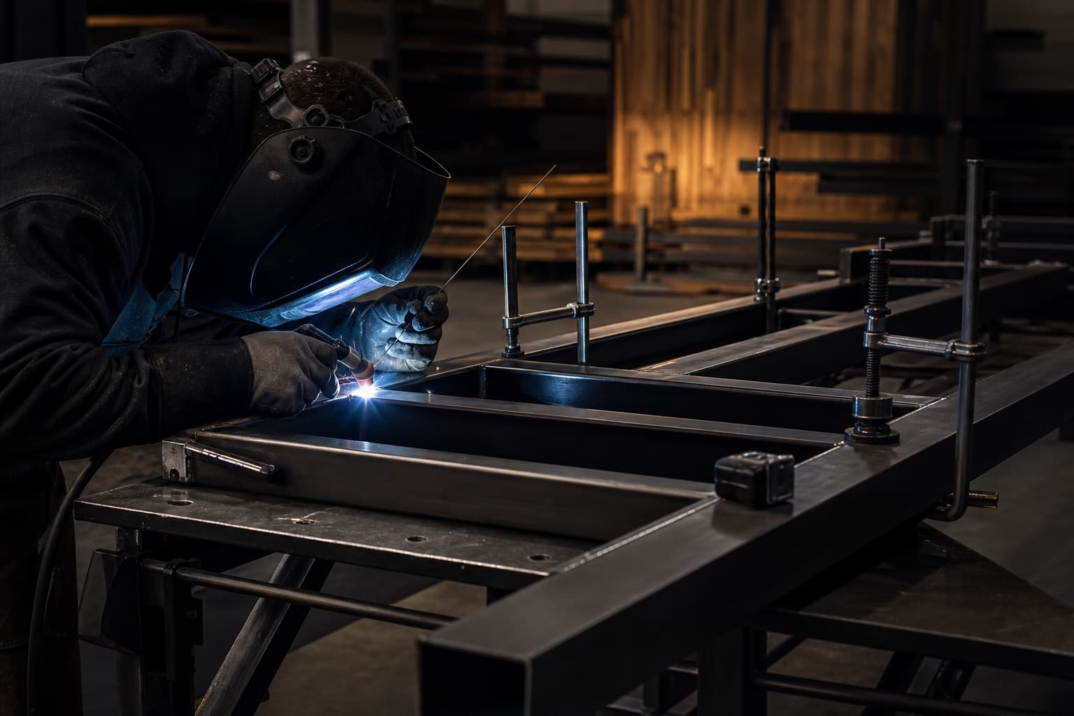 Metalworker welding custom steel in a refined fabrication shop environment.