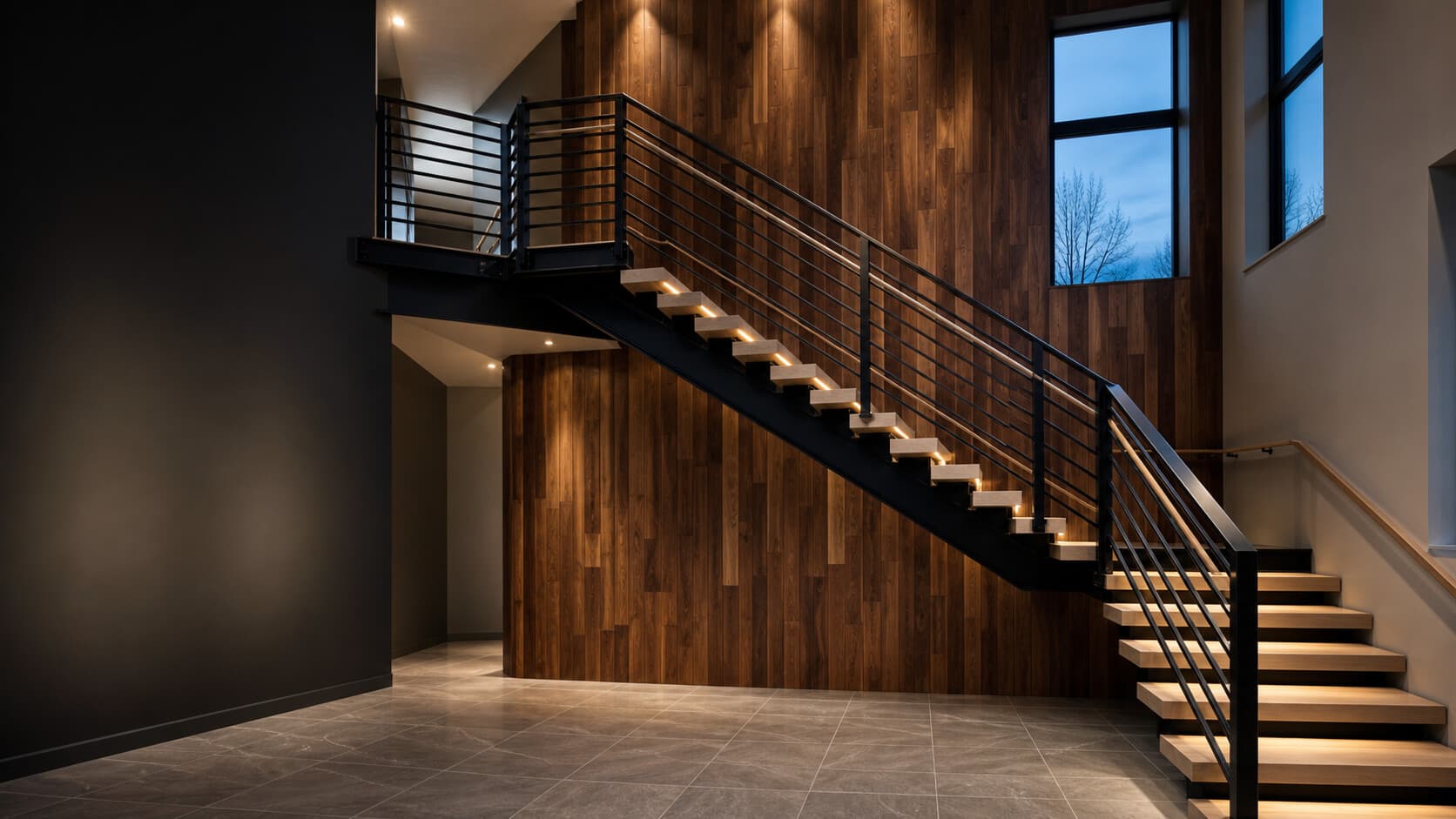Premium custom black steel staircase with wood treads and integrated lighting by DesignForm Metalworks.