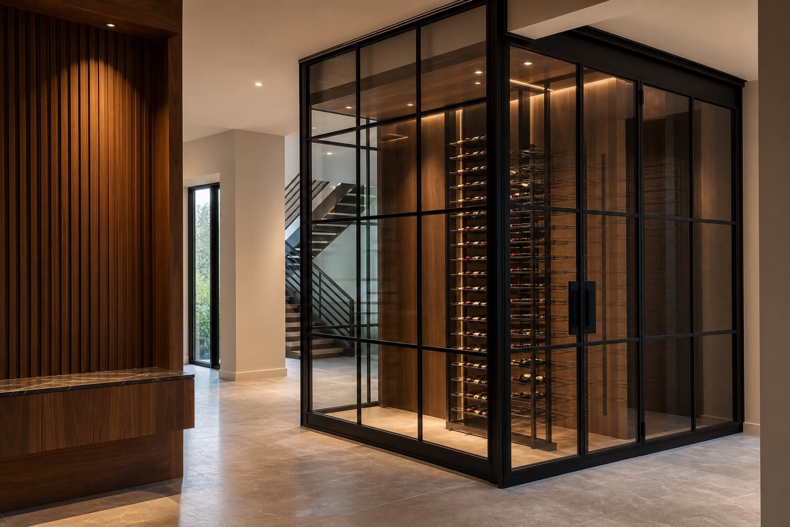 Custom black steel and glass architectural feature in a refined interior space.